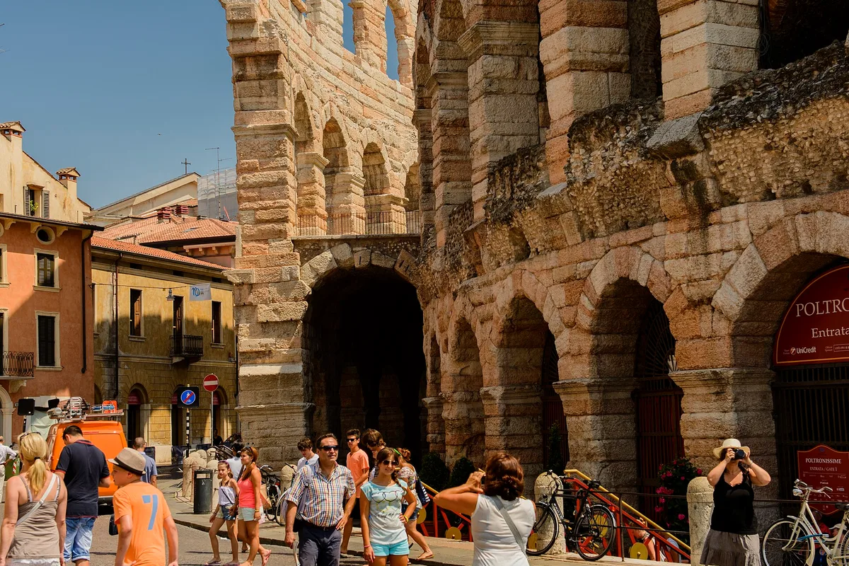 The tiered stone seating inside the Arena di Verona