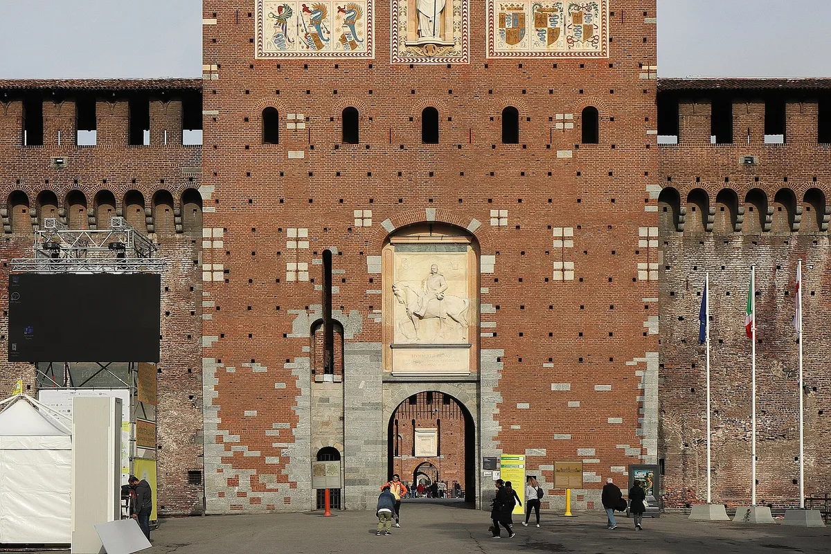The main entrance of the Castello Sforzesco in Milan