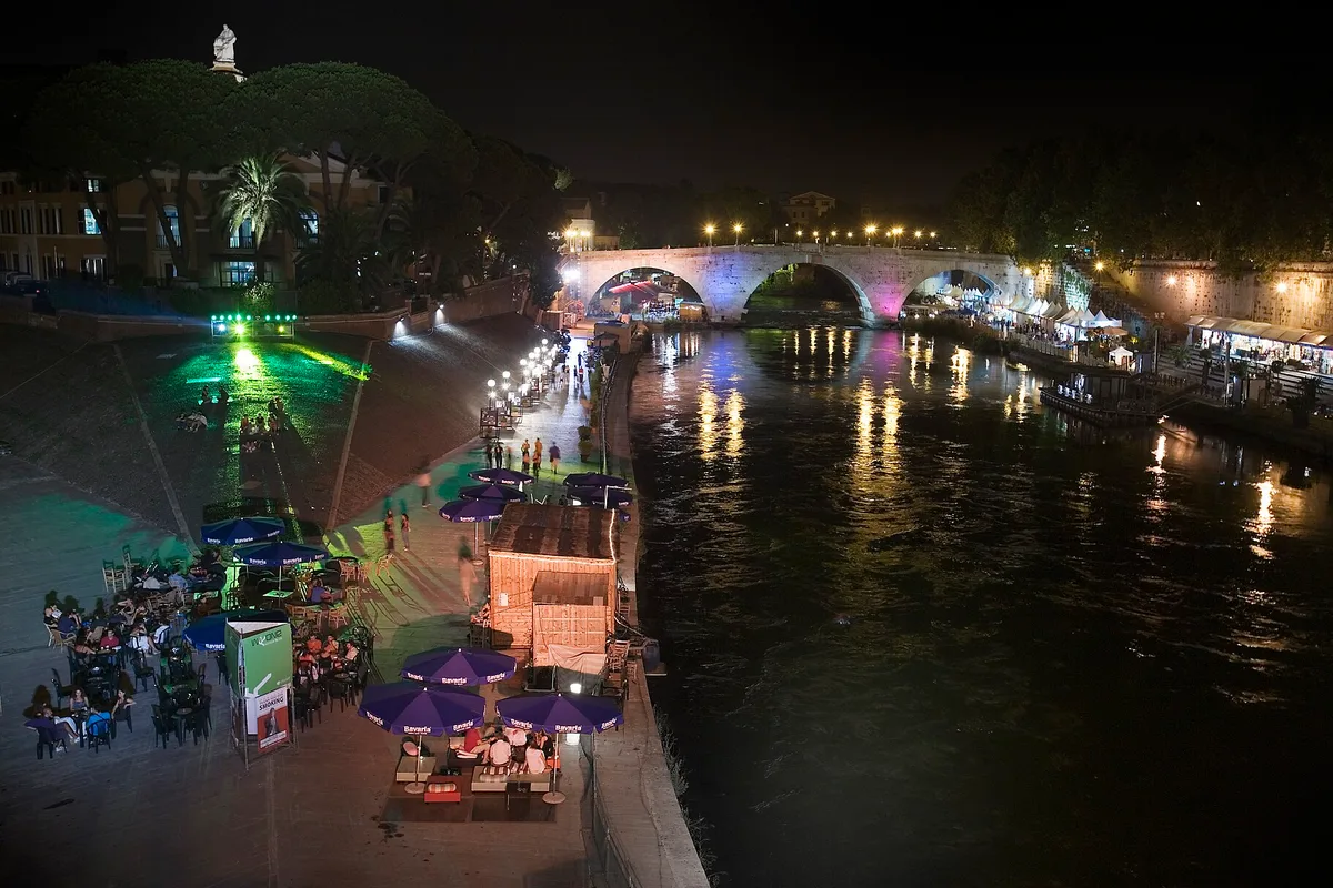 The Tiber Island and riverside nightlife in Rome after dark