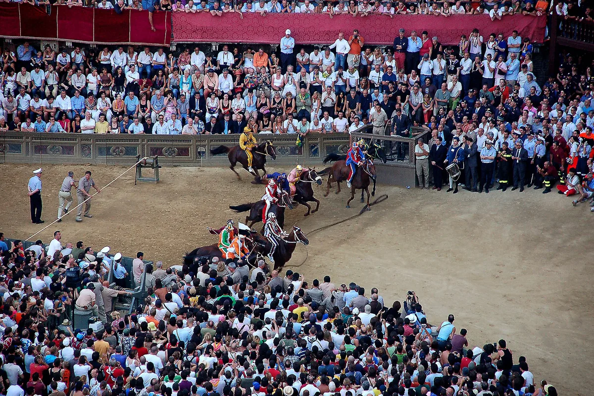 Horses racing in the Palio di Siena in the Piazza del Campo
