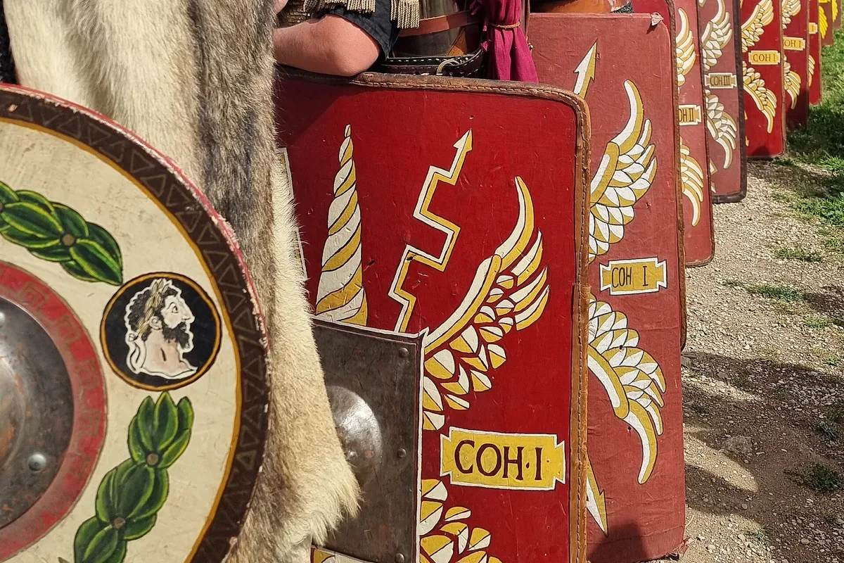 Costumed reenactors in Roman military dress during Natale di Roma
