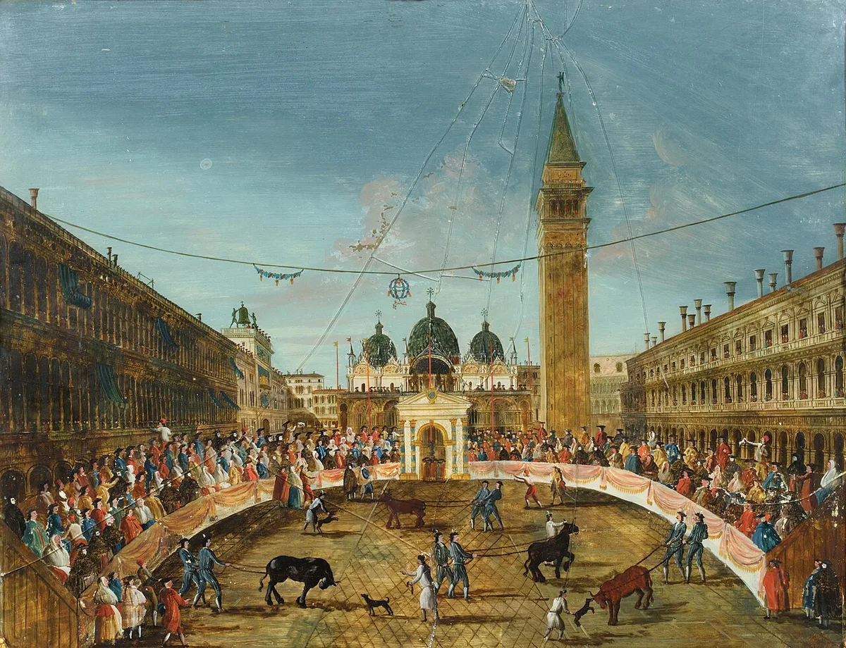 Costumed masked figures on a bridge during the Venice Carnival — 1